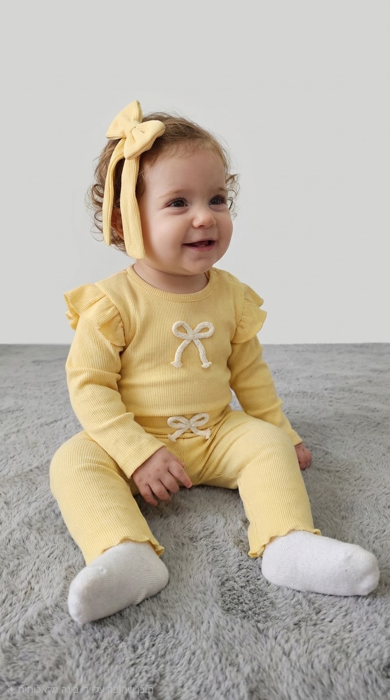סט בייבי בנות ריב 3 חלקים שרוול ארוך צהוב